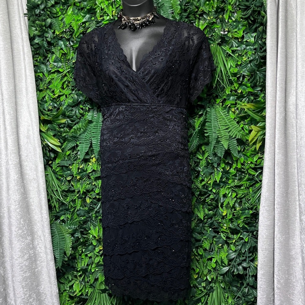 Marina Dress Size 22W Black Lace Tiered Sequin V-Neck Cocktail 4197